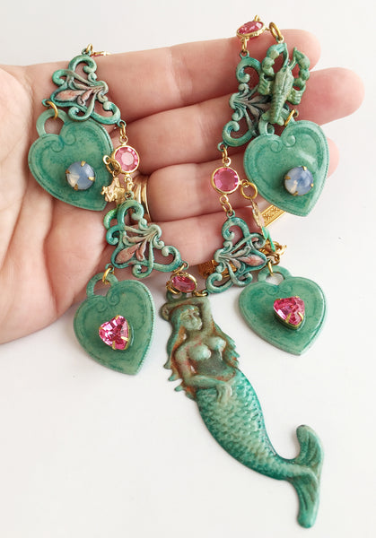 Ornate Enamel & Rhinestone Mermaid Runway Necklace - Hollee