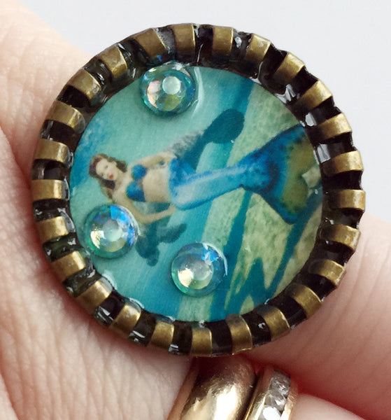 Weeki Wachee Blue Mermaid Adjustable Ring with Rhinestones v2 - Hollee