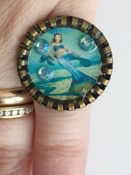 Weeki Wachee Blue Mermaid Adjustable Ring with Rhinestones v2 - Hollee