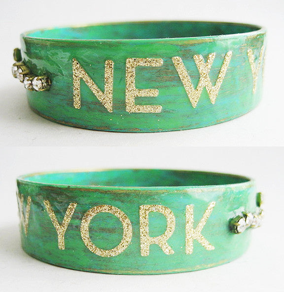 New York Enamel & Gold Glitter Bangle Bracelet with Rhinestones - Hollee