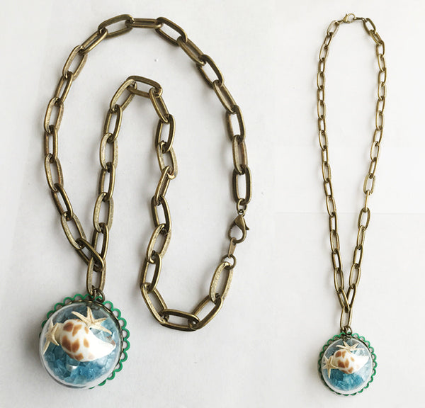 Mermaid’s Sea Glass Seashell Starfish in Glass Globe Pendant Necklace - Hollee