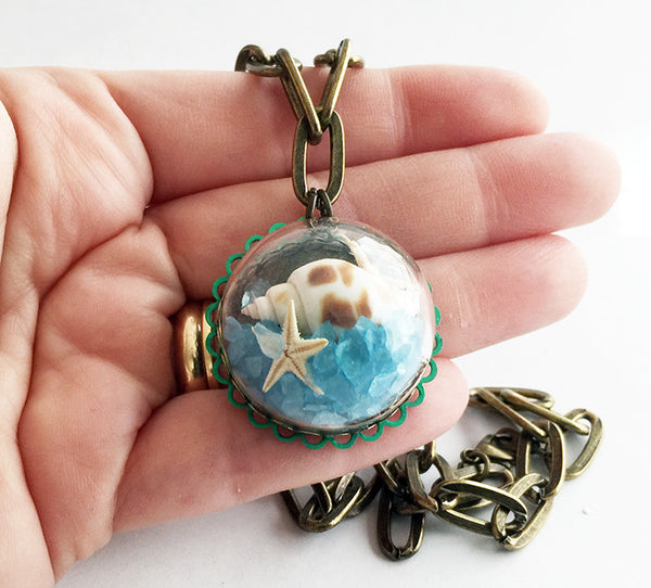 Mermaid’s Sea Glass Seashell Starfish in Glass Globe Pendant Necklace - Hollee