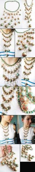 Turquoise Gold Spatter Bead & Crystal Bib Runway Necklace - Hollee