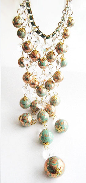 Turquoise Gold Spatter Bead & Crystal Bib Runway Necklace - Hollee