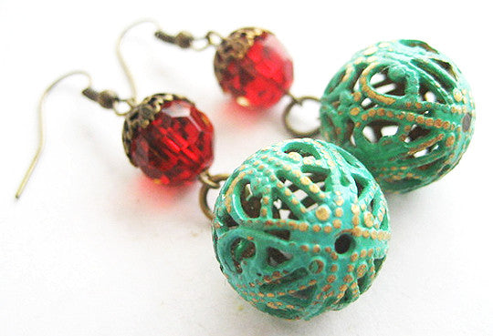 Verdigris Enamel Filigree Ball & Red Crystal Bead Earrings - Hollee