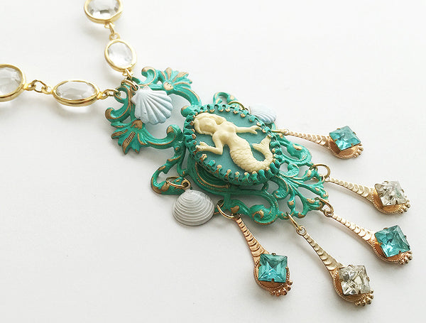Turquoise Enamel Mermaid Cameo Pendant Necklace with Crystal Bezel Chain - Hollee