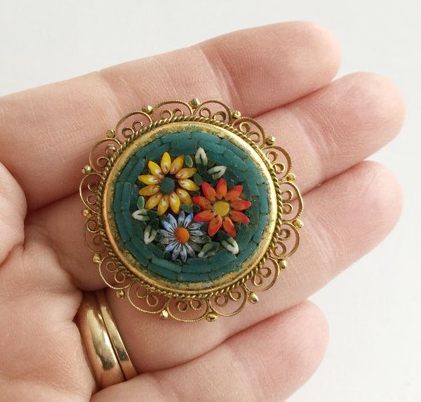 Vintage Micro Mosaic Colorful Flower Pin Italy - Hollee