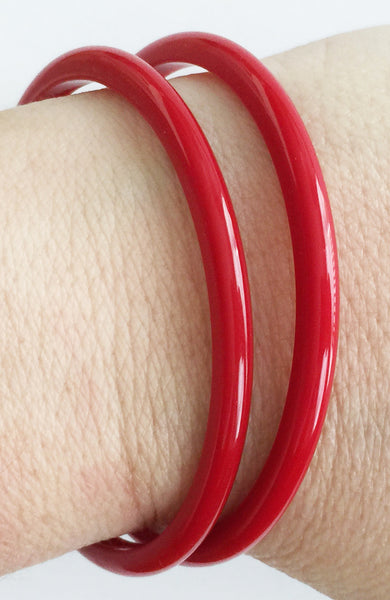 Vintage Pair Thin Cherry Red Plastic Bangle Bracelets - Hollee