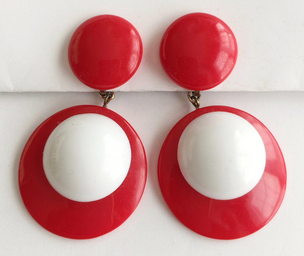 Vintage Mod Red & White Plastic Dot Drop Clip Earrings - Hollee