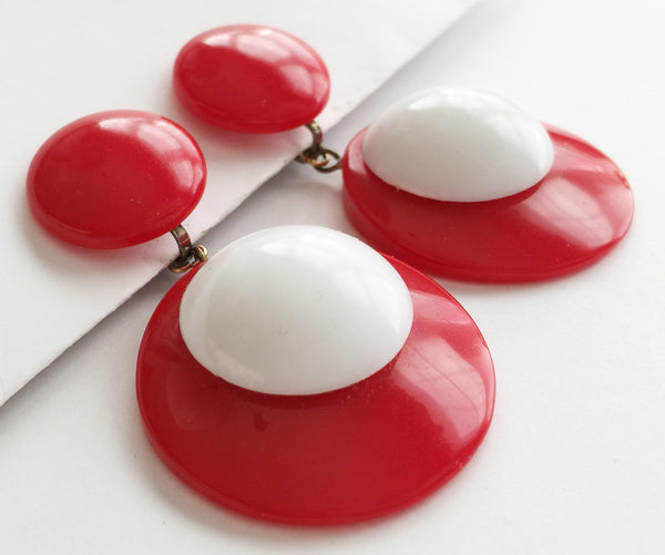 Vintage Mod Red & White Plastic Dot Drop Clip Earrings - Hollee