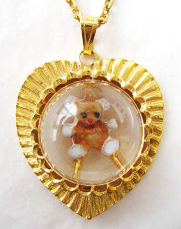 Vintage Lucite Cabochon Teddy Bear Heart Charm Pendant Necklace - Hollee