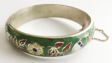 Vintage Cloisonné Enamel Flower Hinged Bangle Bracelet - Hollee