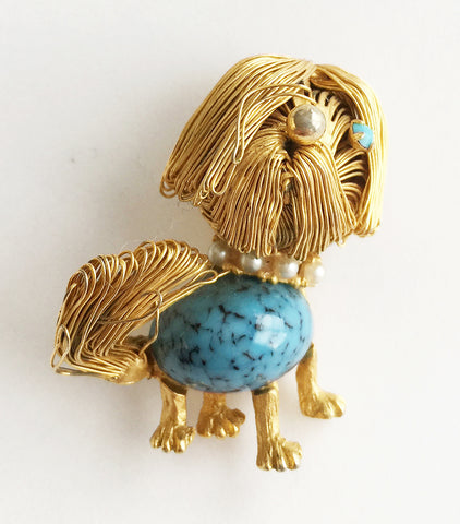 Vintage Figural Dog Pin with Turquoise and Pearls - Hollee