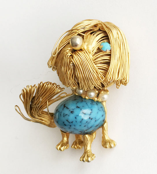 Vintage Figural Dog Pin with Turquoise and Pearls - Hollee
