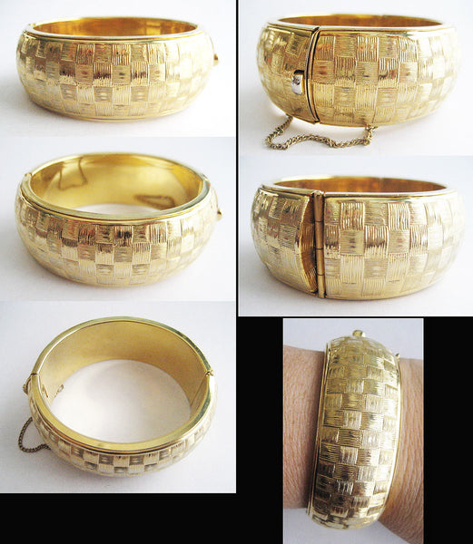 Wide & Chunky Vintage Basket Weave Textured Hinged Bangle Bracelet - Hollee